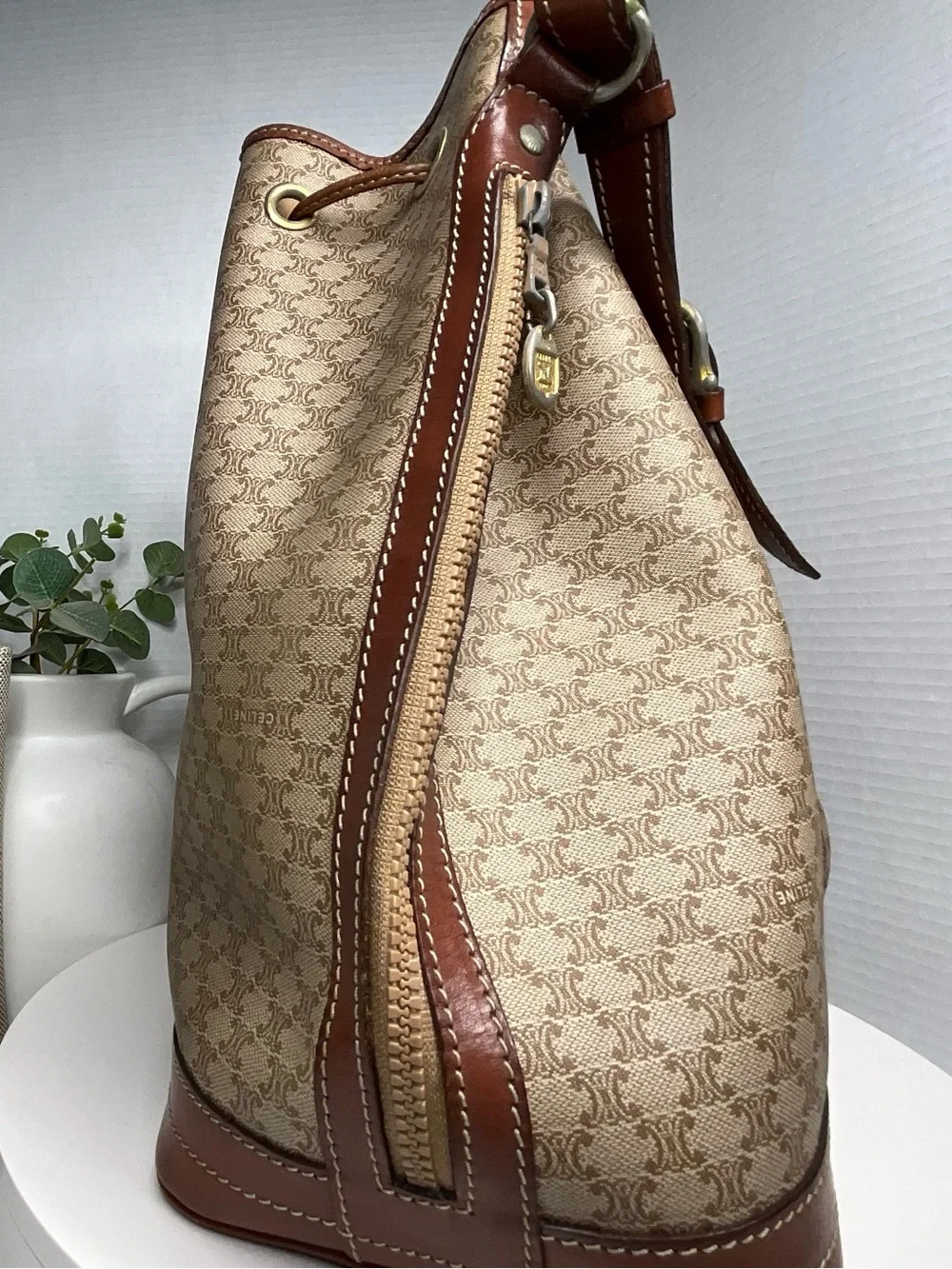 Brown Drawstring Bucket Bag with Leather Trim